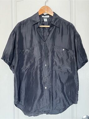 Vintage Express 100% Silk Black Blouse Size S Quiet Luxury Corporate Goth 90s